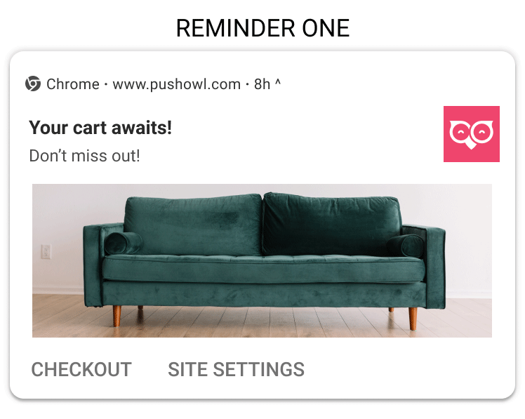 Gif showing an abandoned cart push notification with a couch